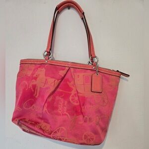 Coach Horse & Carriage Signature Pink Coral Canvas & Peach Leather Shoulder Bag